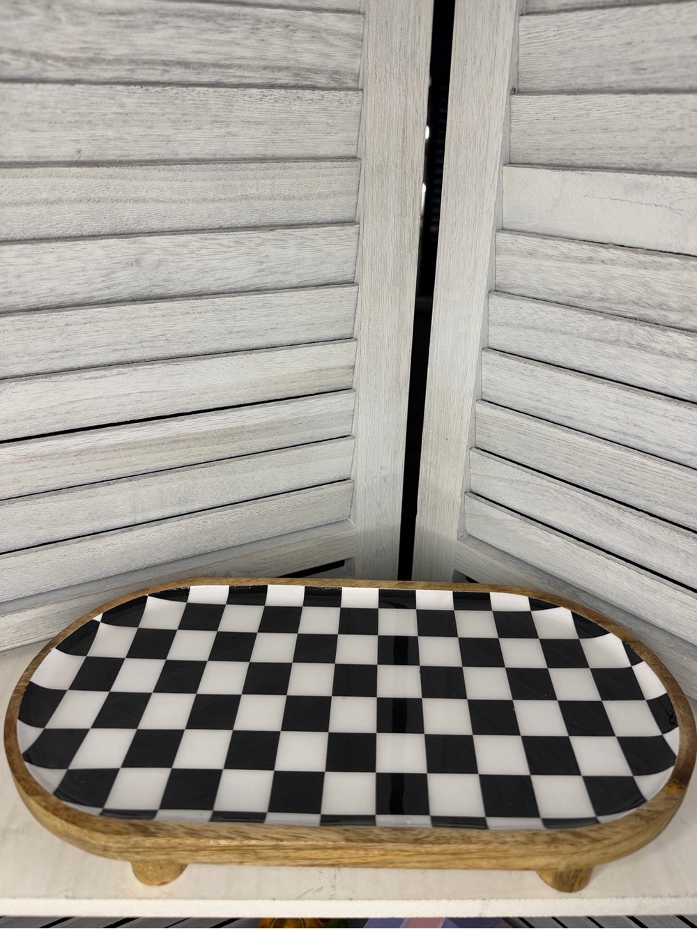 Mackenzie Childs Inspired Black and White Checkered Wooden Serving Tray